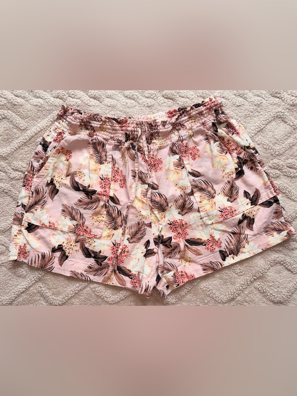 Women Tropical Pink Paperbag Shorts - Deep Pocket Smocked Waist Drawstring, MED